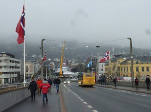 The view up to the track in the centre of Drammen