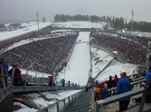 Looking down at the ski jump crowds